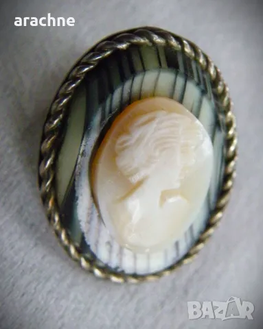 Брошка-камея,оникс,сребро,стъкло Бохемия,Чехословакия,30те, снимка 6 - Други - 48488528