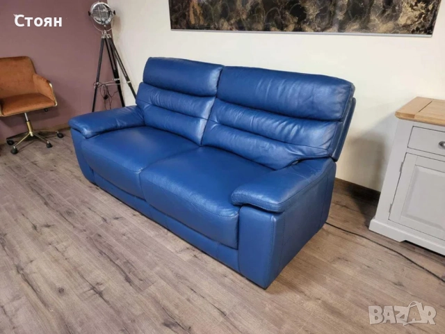 Син кожен диван тройка - 100 % естествена кожа, снимка 8 - Дивани и мека мебел - 51954792