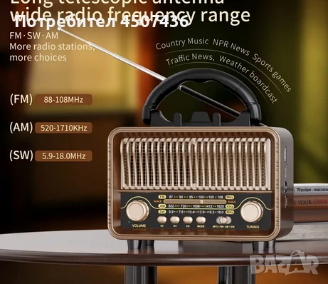 Винтидж Преносимо Безжично Радио - AM/FM/SW с USB Зареждаща се Батерия, Антена, AUX & TF Карта, снимка 3 - Други - 51171204