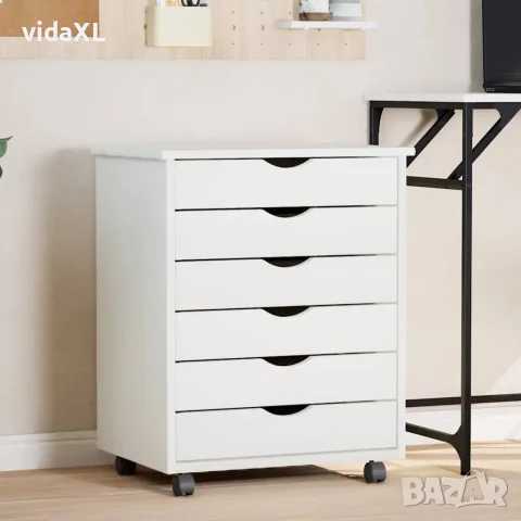 vidaXL Шкаф с чекмеджета на колелца MOSS, бял, бор масив, снимка 2 - Шкафове - 56147350