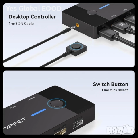 AILVLVNG HDMI KVM суич 2 PC към 1 монитор 4K@60Hz, снимка 5 - Друга електроника - 52942289