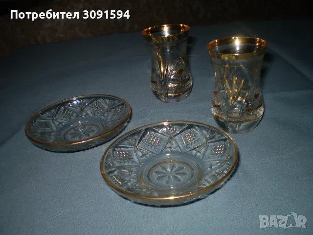 винтидж комплект от две чаши и чинийки кристално стъкло златен ръб, снимка 3 - Чаши - 48619495