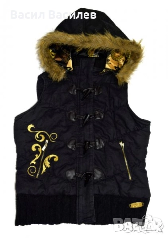 Kani Ladies дамски черен зимен елек подвижна качулка златна бродерия