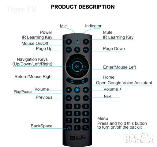 Гласово дистанционно управление G20s PRO Bluetooth микрофон, Жироскоп c подсветка, снимка 3 - Дистанционни - 35858441