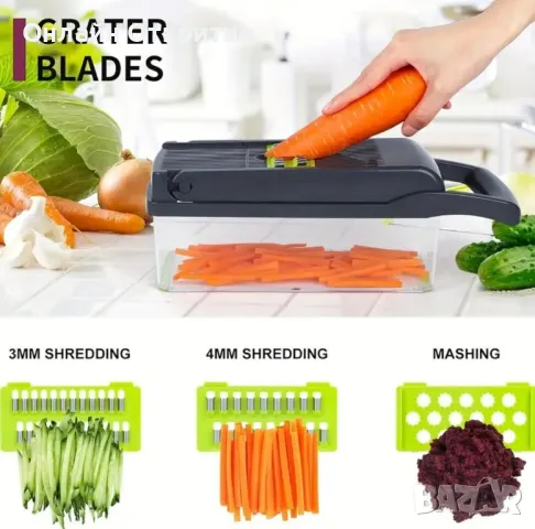 Многофункционален кухненски чопер 14-в-1 с контейнер и сменяеми остриета, снимка 7 - Други - 50176302