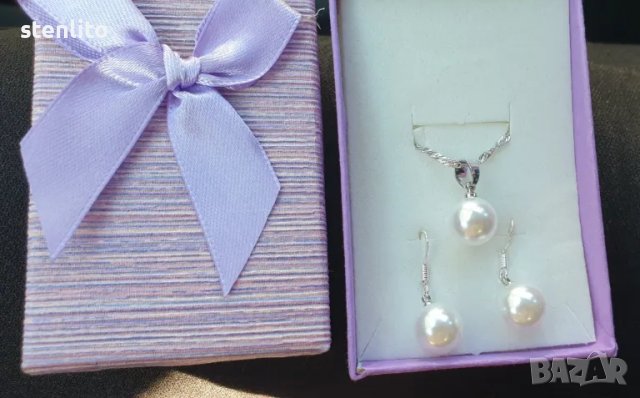 Комплект сребърни обеци и колие с перли, снимка 3 - Бижутерийни комплекти - 47823953