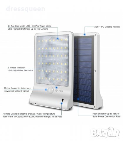 48 диода Външна Соларна LED лампа със сензор за двжение, снимка 8 - Соларни лампи - 34272240