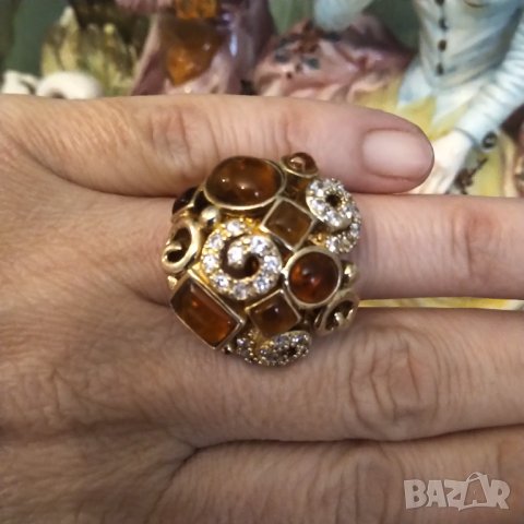 Oxette масивен сребърен пръстен с позлата и кехлибар  , снимка 3 - Пръстени - 41469792