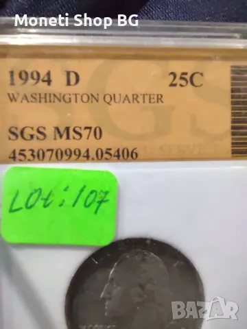 WASHINGTON QUARTER 1994-D 25C-MS70, снимка 2 - Нумизматика и бонистика - 49046533