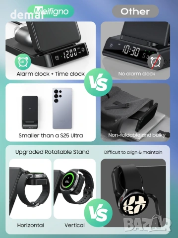 3 в 1 Безжична станция за зареждане с будилник за устройства Samsung, сгъваема, снимка 7 - Безжични зарядни - 53656887