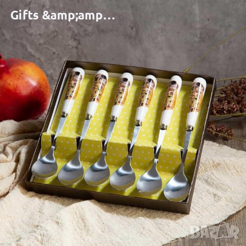 Комплект 6 броя десертни лъжички с порцеланови дръжки Целувката, снимка 1 - Прибори за хранене, готвене и сервиране - 41141116