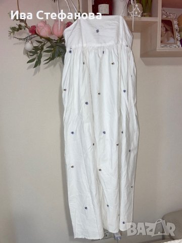 Нова дълга елегантна бяла рокля теменужки 100% памук , снимка 11 - Рокли - 41932782