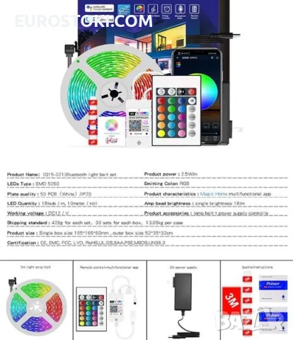 RGB LED лента 5050, 5 метра, дистанционно управление, Music Sync цвета, APP контрол, 5 метра, снимка 5 - Лед осветление - 56156693