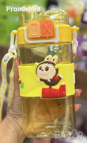 Детска бутилка Labubu 600 мл Лабубу шише регулируема презрамка Детско жълто шише Лабубу  