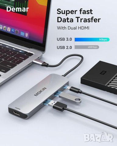 USB C докинг станция за лаптоп 8 в 1 24K 60Hz HDMI портове, снимка 2 - Кабели и адаптери - 41644562