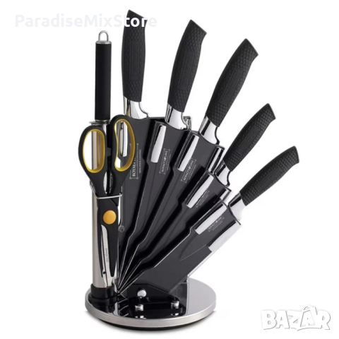 Комплект 5 броя ножове Royalty, точило, ножица в комплект с поставка, незалепващо покритие, снимка 2 - Прибори за хранене, готвене и сервиране - 44806838