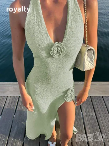 Рокля от плетен тъкан плат в ментово зелено с рози 🍈🍋‍🟩, снимка 11 - Рокли - 49206225