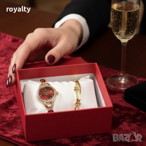 Луксозен дамски сет: часовник с кристали + гривна – в подаръчна опаковка, снимка 4 - Дамски - 52122332