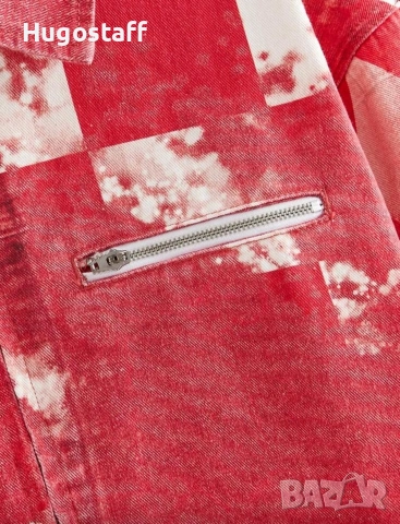 Ново мъжко дънково яке червено шах деним памук ХЛ, снимка 4 - Якета - 53092651
