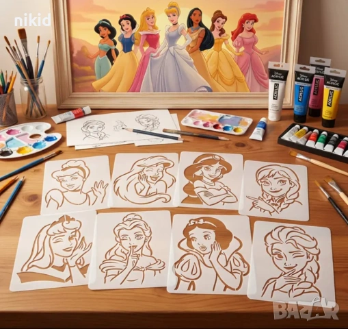 8 принцеси Кралство Белл Снежанка Жасмин стенсил шаблон спрей торта украса сладки Scrapbooking, снимка 2 - Други - 53661822
