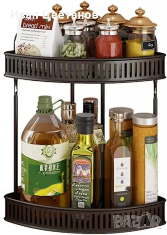 Ъглова стойка за подправки 2 нива – Органайзер за кухня, баня и спалня, без монтаж, снимка 2 - Етажерки - 49926937