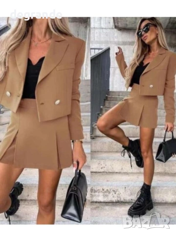 Дамски сет сако с пола панталонки в Бежово и Черно, снимка 2 - Комплекти - 53639447
