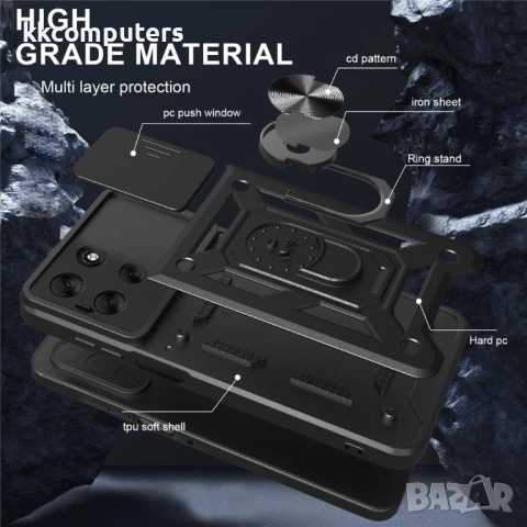 Калъф за Motorola Moto G56 5G с Въртяща се Стойка и Плъзгащо Капаче за Камера - PC + TPU, Военна защ, снимка 11 - Калъфи, кейсове - 53510240
