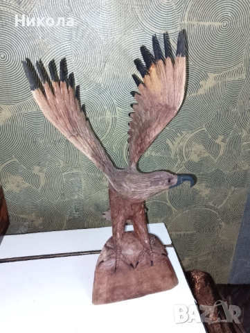 Дърворезбован орел-52см, рогове за вино с поставка