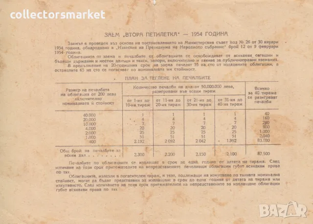 Облигация 20 лева 1954 № 136093, снимка 2 - Други ценни предмети - 47385599