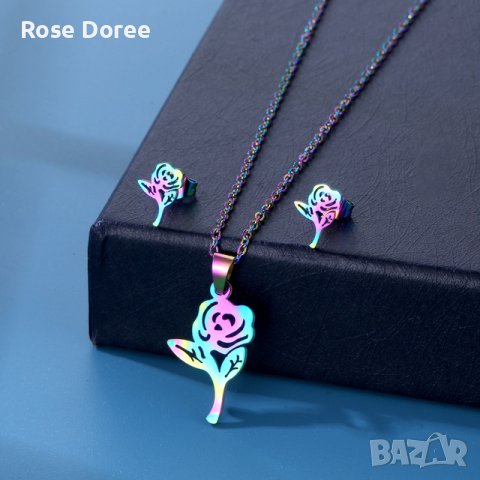 RD 316 Комплект Роза бижута обеци и колие в мултиколор медицинска стомана, снимка 1