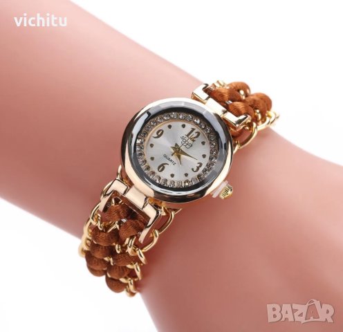 Нов дамски часовник с кафяво метало-текстилно закопчаване, снимка 2 - Дамски - 42178285