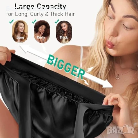 Нова Шапка за къдрава и дълга коса 100% коприна с ластик черна за жени, снимка 5 - Други - 51149764