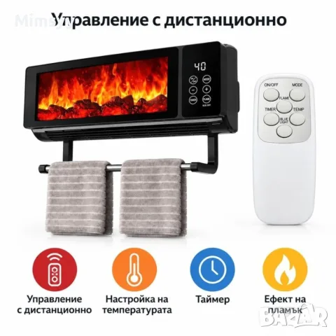 Стенен електрически отоплител 2000 W с ефект на пламък, снимка 4 - Отоплителни печки - 56334006