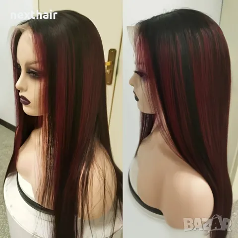 Естествена черна перука с червени кичури и дантела лейс фронт 13X4, снимка 1