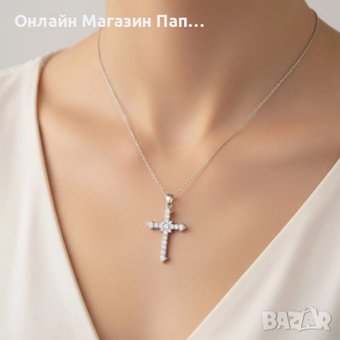 Верижка с кръстче, покрито с кристали – цинкова сплав, снимка 2 - Колиета, медальони, синджири - 52329829