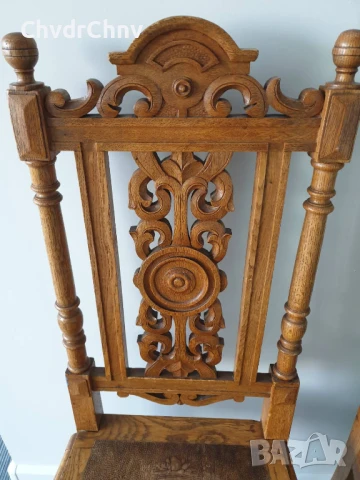 100см дърворезба/2бр чифт стари ретро дървени столове с релефни седалки, снимка 4 - Столове - 50727480