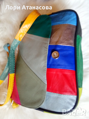 Многоцветна дамска чанта през рамо, от мека естествена кожа на парчета – светлосиньо, жълто, тъмнока, снимка 11 - Чанти - 36475692