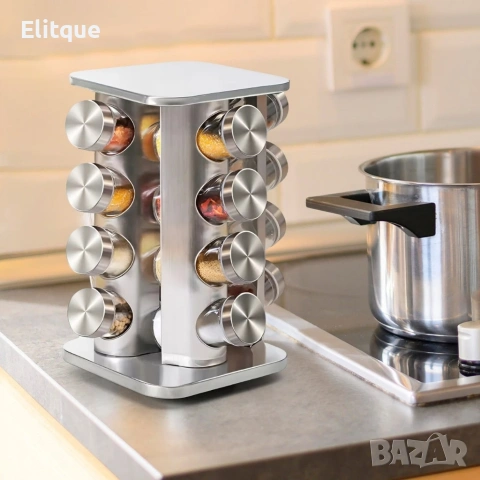 Въртящ се органайзер за подправки Cheffinger - С 16 бурканчета от неръждаема стомана, снимка 4 - Други - 53120197