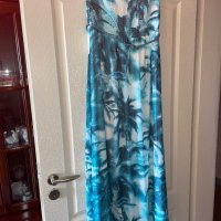 Ефирна дълга тюркоазена  елегантна ежедневна рокля тропик палми тропически принт , снимка 4 - Рокли - 41703823