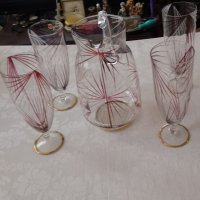  Винтидж Германия ,Комплект кана и 4 чаши за вино рисуваниано стъкло , снимка 2 - Други ценни предмети - 44422620