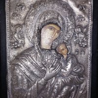 Гръцка сребърна икона проба 950 . Богородица с Младенеца.Стара и автентична. , снимка 2 - Икони - 42238656