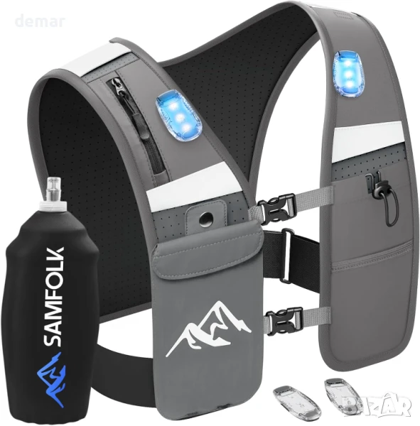 Жилетка за бягане Samfolk LED, регулируема унисекс светлоотразителна, 500 мл, XS/S (61-81 см), снимка 1
