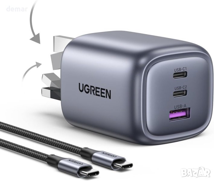 UGREEN 65W USB C зарядно с USB C кабел Сгъваем 3-портов GaN, PPS/PD3.0, снимка 1