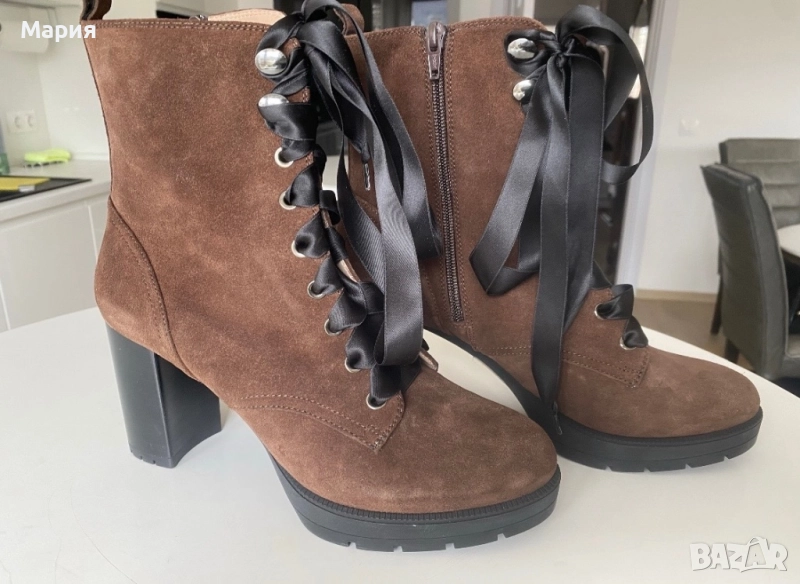 Дамски модерни кафяви обувки/боти с висок ток от естествена кожа 40 , снимка 1