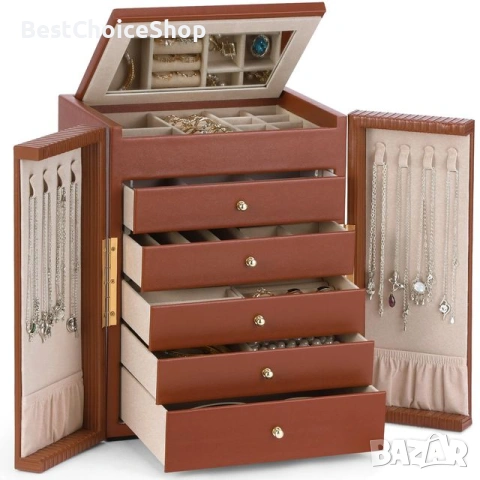 Kутия за бижута. Голяма 6-етажна с 5 чекмеджета и огледало за пръстени и колиета, снимка 7 - Колиета, медальони, синджири - 53083147