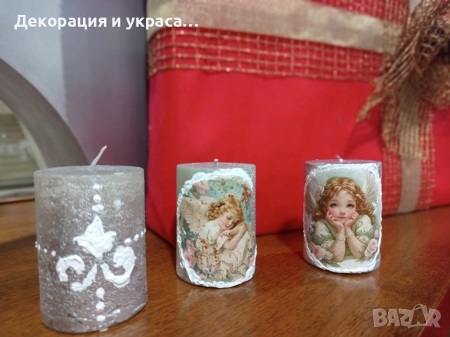Коледни свещи триптих  на ангелска тематика с декупаж, снимка 2 - Декорация - 52592775