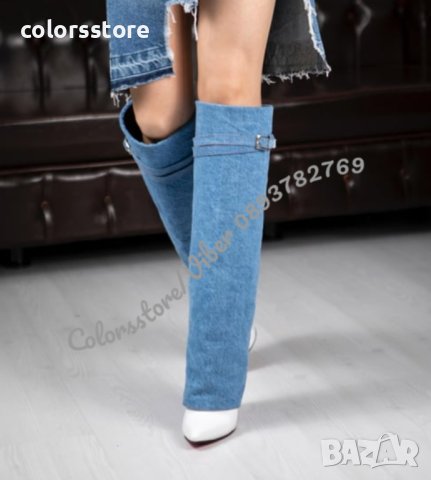 Ботуши на ток - деним и бяла кожа - KD100, снимка 3 - Дамски ботуши - 40572229