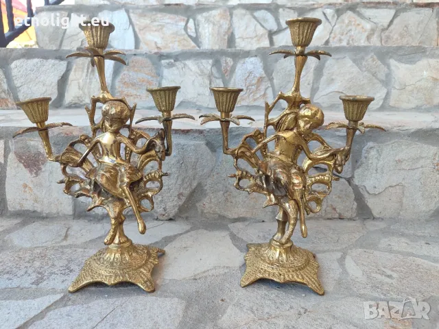Испански тройни бронзови свещници с красиви орнаменти и фигурки херувими , снимка 4 - Декорация за дома - 50249839