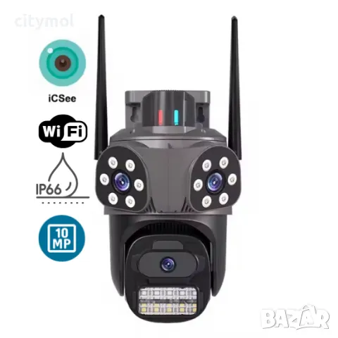 10 Mpx WiFi безжична IP камера с 3 обектива,  нощно виждане, 360°, iCSee, микрофон, проследяване, SD