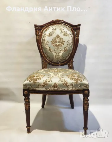 Класически стол в стил Луи XVI с дамаска в златисто и светлосиньо, снимка 2 - Столове - 49648910